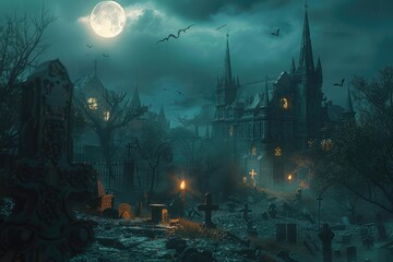 Spooky, eerie scene featuring a moonlit gothic castle, graveyard, and bats flying at night. Perfect for Halloween or horror-themed concepts.