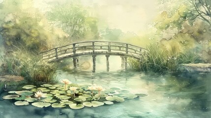 pond with water lilies and a wooden bridge watercolor painting