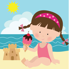 Funny cartoon little girl  with ice cream cone vector  illustration
