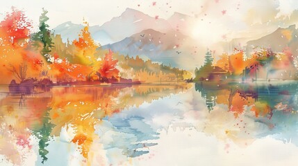 mountain lake reflecting the vibrant autumn foliage watercolor painting