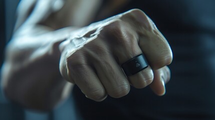 A closeup image of a black smart ring worn on a persons finger. The ring is prominently featured, with the rest of the persons hand and arm slightly out of focus in the background.