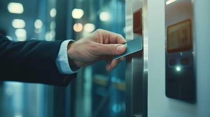 Close-up of businessman's hand using a card scanner to enter or exit a modern office workspace. Gateway and electronic card reader for security.