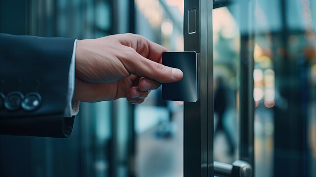 Close-up of businessman's hand using a card scanner to enter or exit a modern office workspace. Gateway and electronic card reader for security.