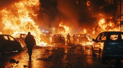 A man walks through a burning street with cars on fire