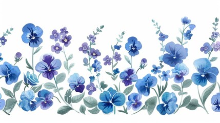 A watercolor illustration  featuring delicate blue violets and forget-me-nots on white background, wallpaper, card