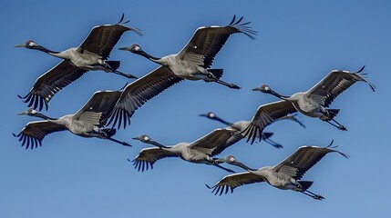 Obraz premium cranes flying in formation in the blue sky 