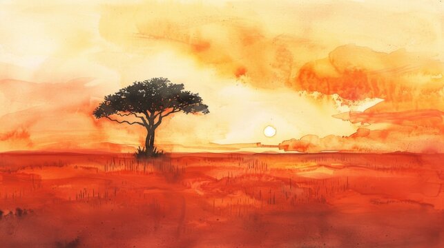 savanna with a lone acacia tree silhouetted against the setting sun watercolor painting