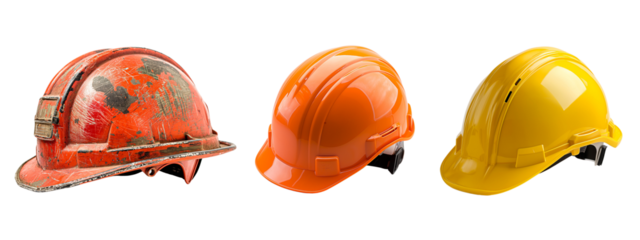 Three construction fireman and hard safety helmets in orange and yellow Isolated on Transparent Background, cut out. PNG