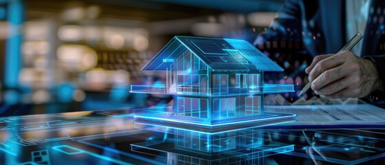 Naklejka premium a concept holo 3d render model of a small living house on a table in a real estate agency. signing mortgage contract document and demonstrating. futuristic business. blurry background