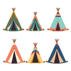 Collection colorful teepees designed flat style. Various patterns hues decorate tent illustration. Set whimsical tribal teepees suitable childrens book illustrations © Vectorvstocker