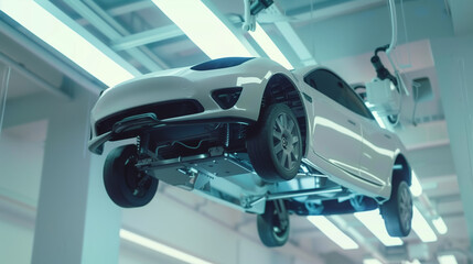 3D Robot AI Mechanic Fixing Car on White Background