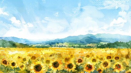 Obraz premium sunflower field under a clear blue sky watercolor illustration