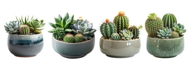 Desain tancollection Set of different mixed cactus and succulents types of small mini plant in modern ceramic nordic vase pot as furniture Isolated on Transparent Background, cut out. PNG