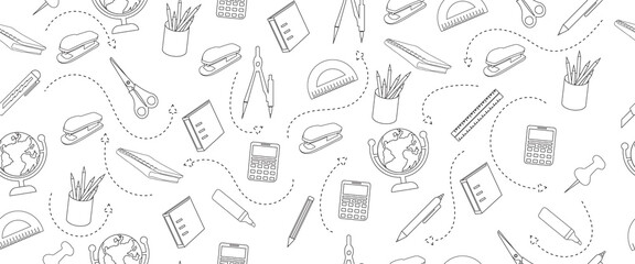 hand drawn stationery design for back to school concept on seamless pattern banner background
