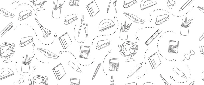 hand drawn stationery design for back to school concept on seamless pattern banner background