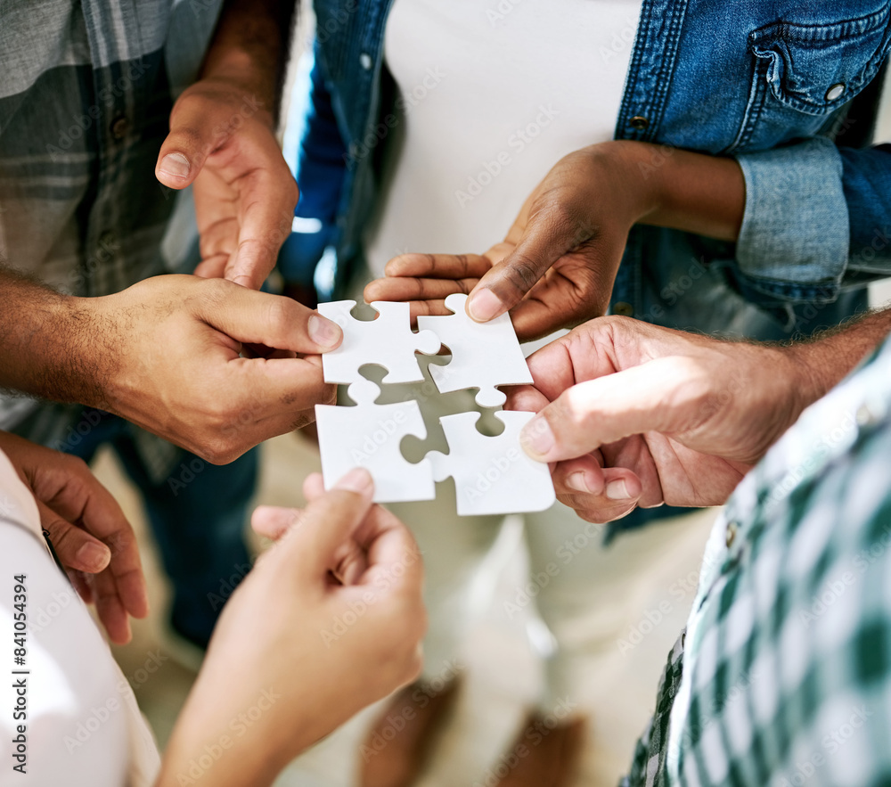 Aufkleber Hands, group and jigsaw for connection, solution and circle with collaboration for creativity at startup. People, team and scrum with puzzle for problem solving, solidarity or link for synergy at job