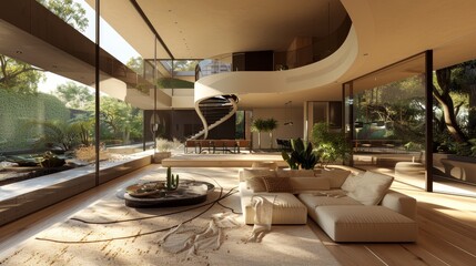 Fototapeta premium A futuristic property listing on a virtual reality platform, with interactive features showcasing a modern house's interior and exterior in vivid detail