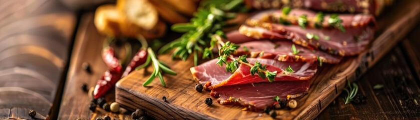 Sliced cured meat garnished with herbs and spices on a wooden board, perfect for culinary presentations or food-related content.