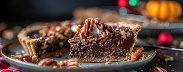 Close-up of a decadently rich pecan pie slice with nuts and chocolate filling, perfect for dessert lovers and holiday celebrations.