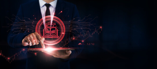 E-learning, Education, Businessman Use Tablet and Digital Networking Interface on E-learning Icon...