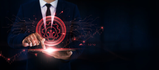 Innovation Technology, Businessman Uses Tablet and Digital Networking Interface on Cutting-Edge...