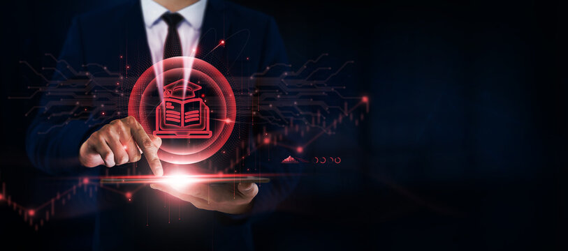 E-learning, Education, Businessman Use Tablet and Digital Networking Interface on E-learning Icon on Digital Platforms, Global Reach.