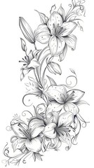 A delicate black and white illustration of lily flowers arranged in a design, wallpaper, card