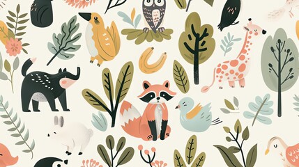 Wallpaper with various cute cartoon animals and pastel flowers.