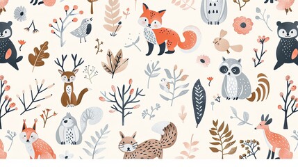 Wallpaper with various cute cartoon animals and pastel flowers.