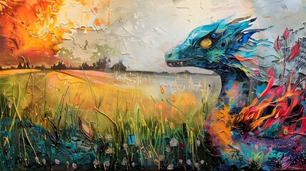 Vibrant Impressionist Painting of Mythical Ancient Pen Pet Creature in Countryside Landscape