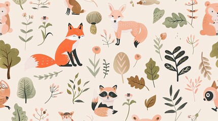 Obraz premium Wallpaper with various cute cartoon animals and pastel flowers.