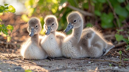 Obraz premium Cygnets riding on their mothers back, on a sunny spring day 