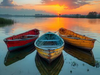 Obraz premium Panoramic view of boats moored in lake against sky