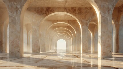 Sunlight streams through majestic marble arches in a serene, spacious hallway, creating a peaceful and ethereal atmosphere.