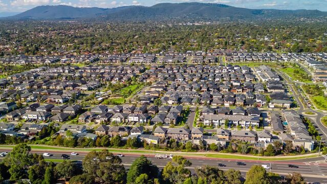 Aerial hyperlapse, dronelapse video of contemporary houses in Melbourne of Australia