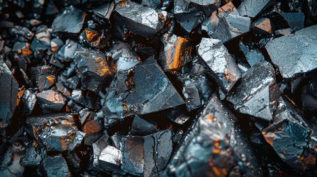 Close-up view of metallurgical waste, a heap of steel slags with sharp, irregular shapes, and iron lumps reflecting ambient light