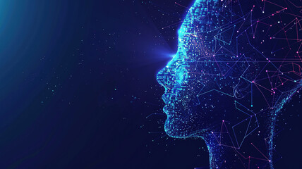 Obraz premium Blue background with a digital human head silhouette, AI concept of artificial intelligence technology.