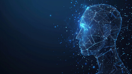 Blue background with a digital human head silhouette, AI concept of artificial intelligence technology.