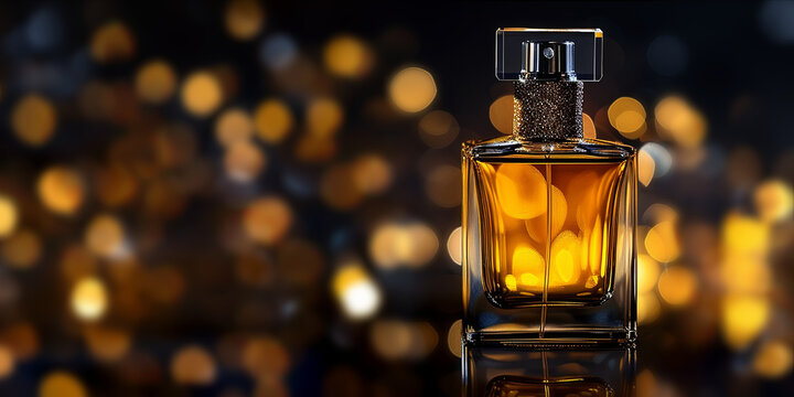 perfume bottle on blurred dark background with blurred gold bokeh lights, generative AI