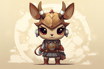 Unique chibi illustration of a deer as a samurai warrior in traditional Japanese armor, cute and dynamic anime style with a beautiful face.