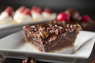 A delicious slice of chocolate pecan pie on a white plate with blurred desserts in the background, perfect for food lovers and dessert enthusiasts.