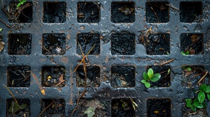 Macro shot of a drainage grate with grid frame construction, capturing the texture of the steel and accumulated waste like twigs and trash