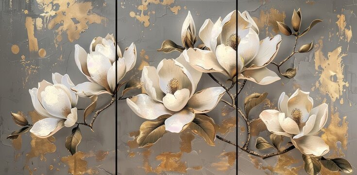 3 pieces of white magnolia flower luxury wall art, oil painting art