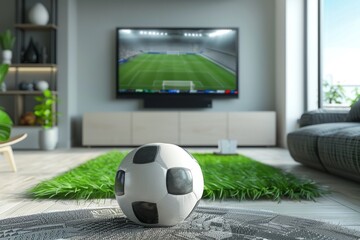 Football or Soccer Tournament concept. A football in living room with TV open Live match