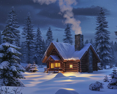 Warmly lit log cabin, snow-laden pines, smoke rising, cold twilight in the woods.