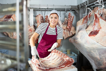 Female employee of local butcher shop divides large huge piece of meat carcass with knife
