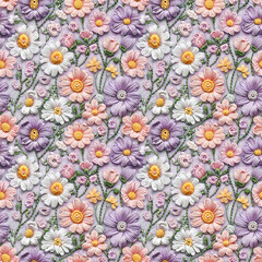 Floral embroidery from knitting wool, yarn, seamless pattern.