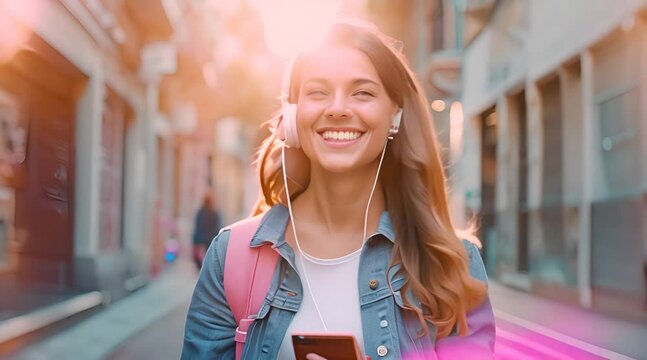 Happy Young Woman Holding Mobile Phone Enjoying Music Listening Through Wireless Headphones On Footpath