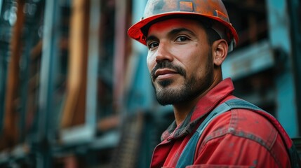 Focused portrait of a Hispanic construction worker wearing an orange hardhat and red coveralls in an industrial setting