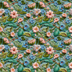 Floral embroidery from knitting wool, yarn, seamless pattern.